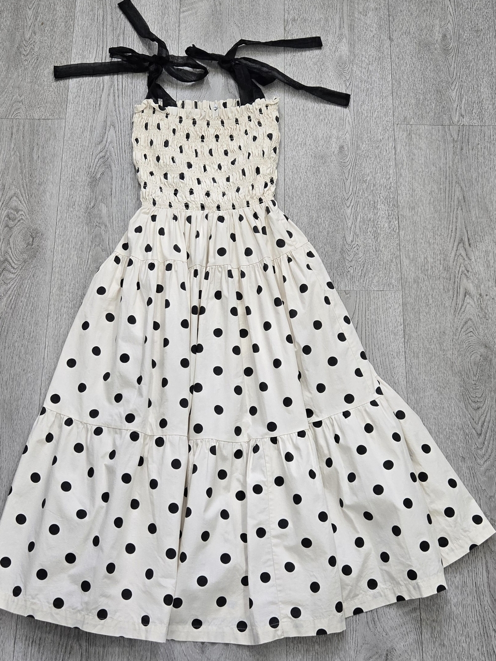 En Saison Polka Dot Smocked Tiered Maxi Dress Black Tulle Tie Shoulder Size S - Picture 10 of 14